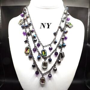 New York Iridescent Rhinestones Beads Necklace, Gunmetal Gray, 3 Strands, 20"